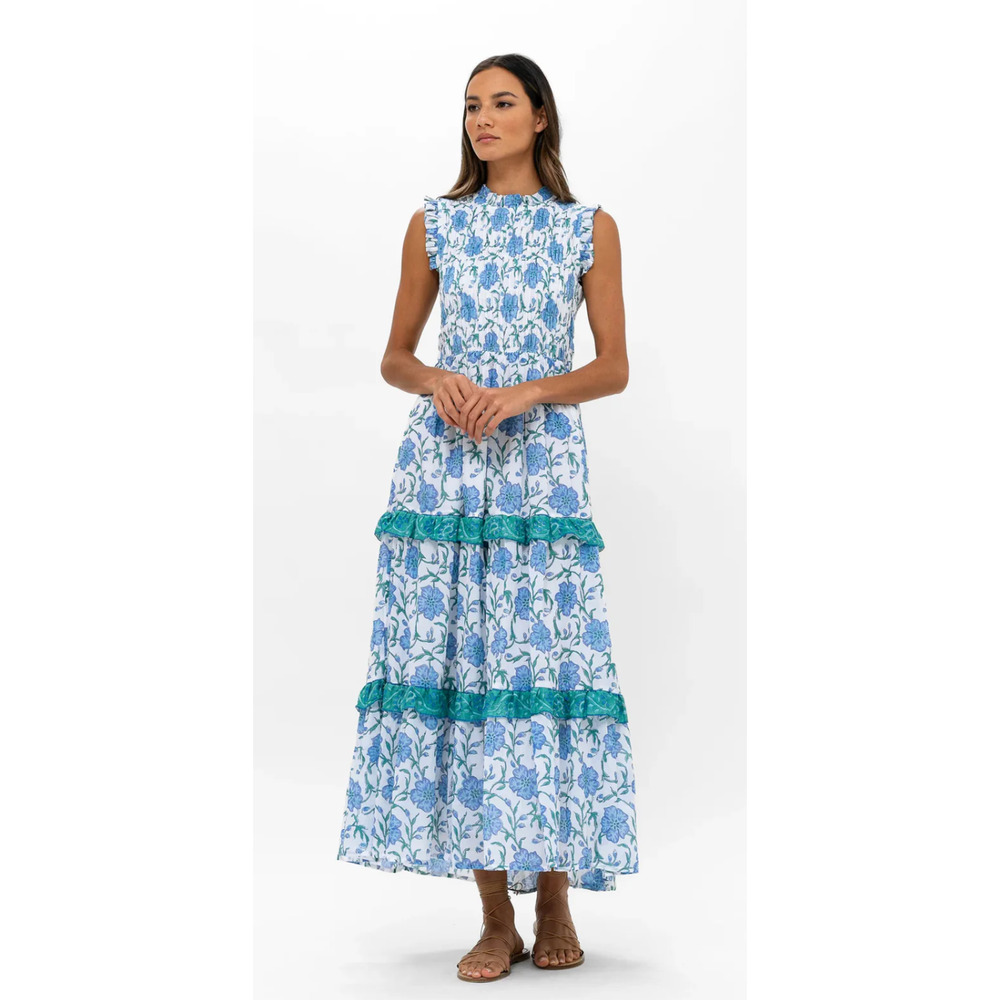 OLIPHANT Tuckernuck Poppy Blue Block Print Sleeveless Smocked Maxi Dress NEW S - Picture 11 of 12